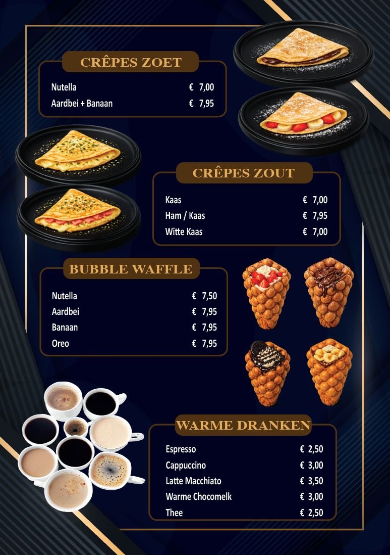 Menukaart pagina 3: zoete en hartige crêpes, bubble waffles met Nutella, aardbei, banaan of Oreo, en warme dranken