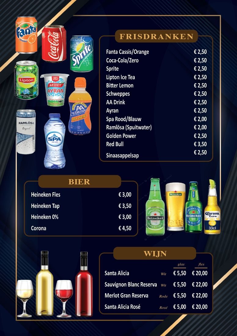 Menukaart pagina 4: frisdranken, ayran, Heineken, Corona en wijn per glas of fles