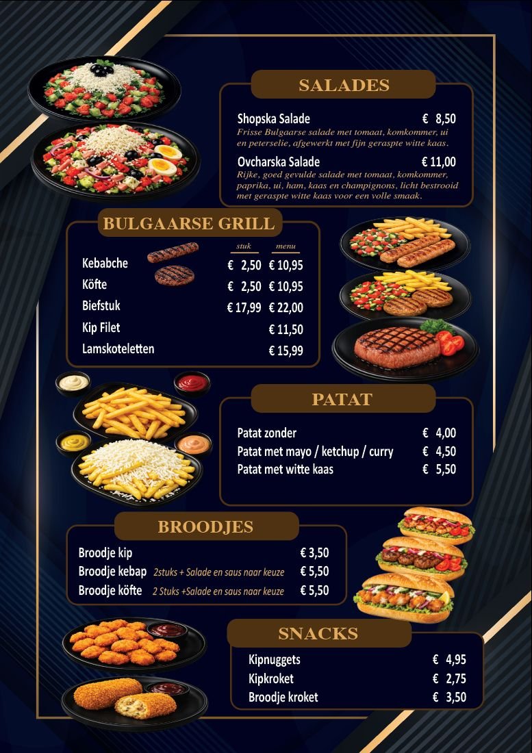 Menukaart pagina 2: shopska en ovcharska salade, Bulgaarse grill (kebabche, köfte, biefstuk, kipfilet, lamskoteletten), patat, broodjes en snacks