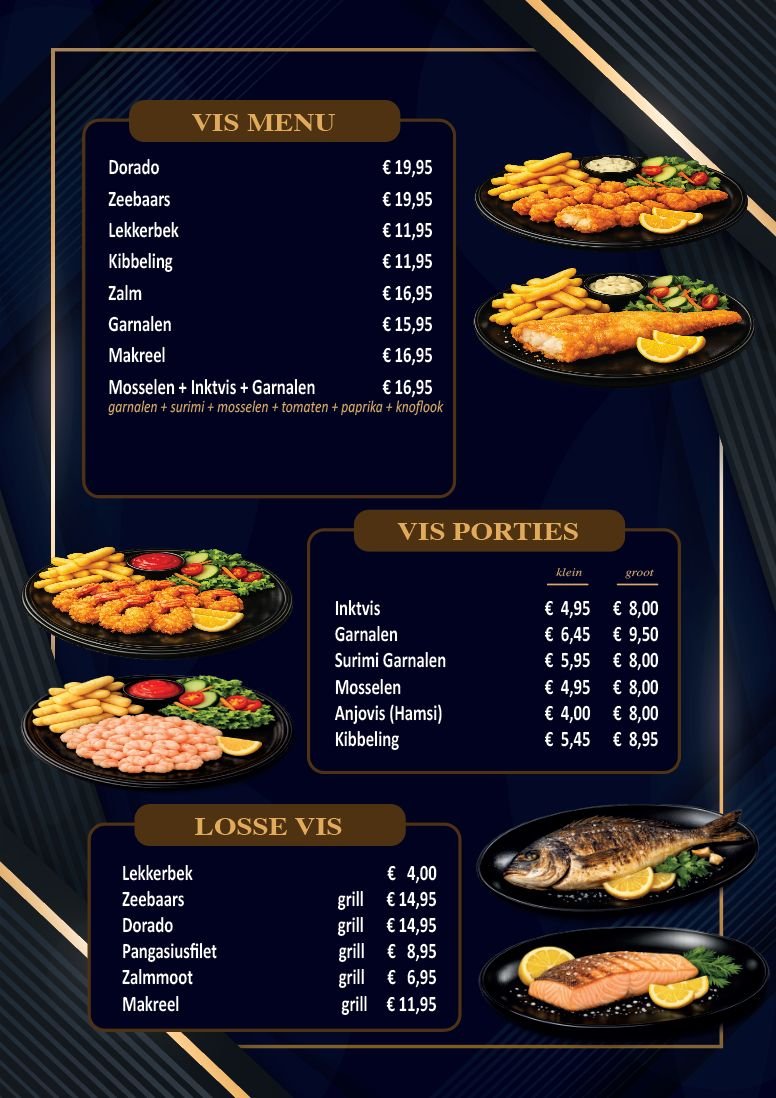 Menukaart pagina 1: vis menu (dorado, zeebaars, lekkerbek, kibbeling, zalm, garnalen, makreel, mosselen met inktvis en garnalen), vis porties en losse vis van de grill